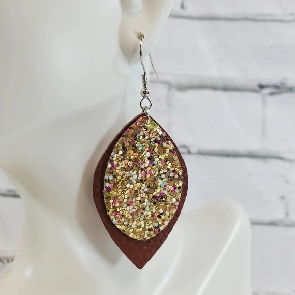2 layer gold and brown glitter Faux Leather Dangle Chic Lightweight Earring 2br4 - Picture 6 of 6